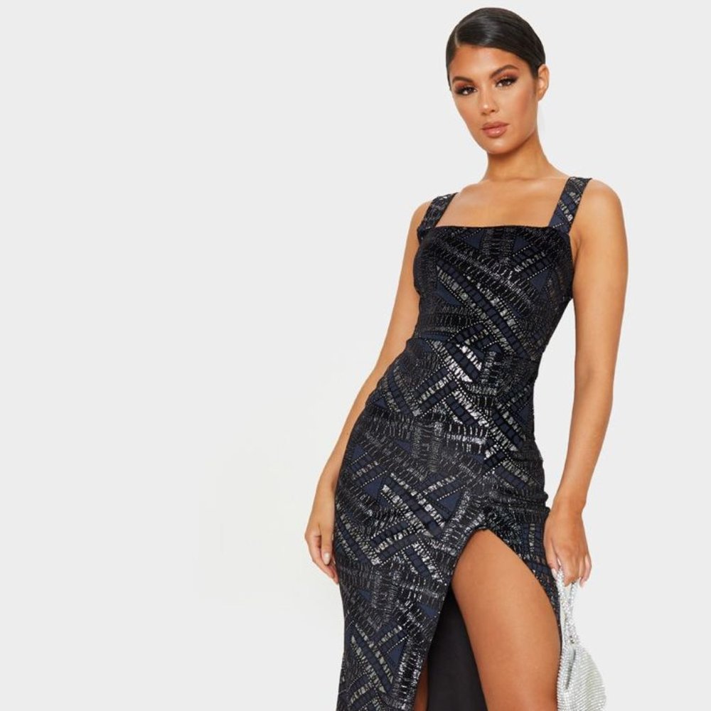 Navy Velvet Glitter Square Neck Midi Dress